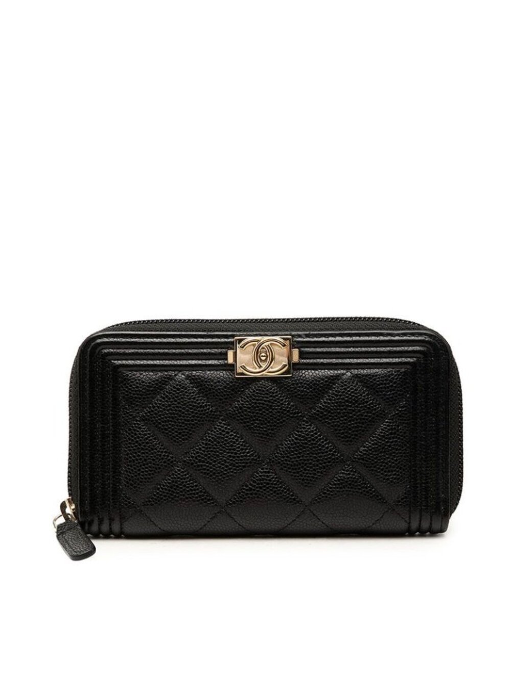 Chanel Quilted CC Logo Boy Coin Purse Wallet Zip Around Black Gold Caviar